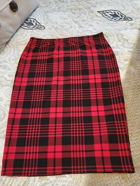 Red and Black Plaid Pencil Skirt - Women's